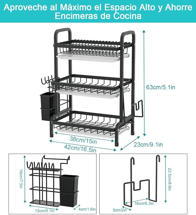 Escurridor Loza 3 Niveles Acero Inoxidable, Bandeja Extraíble, Base Antideslizante
