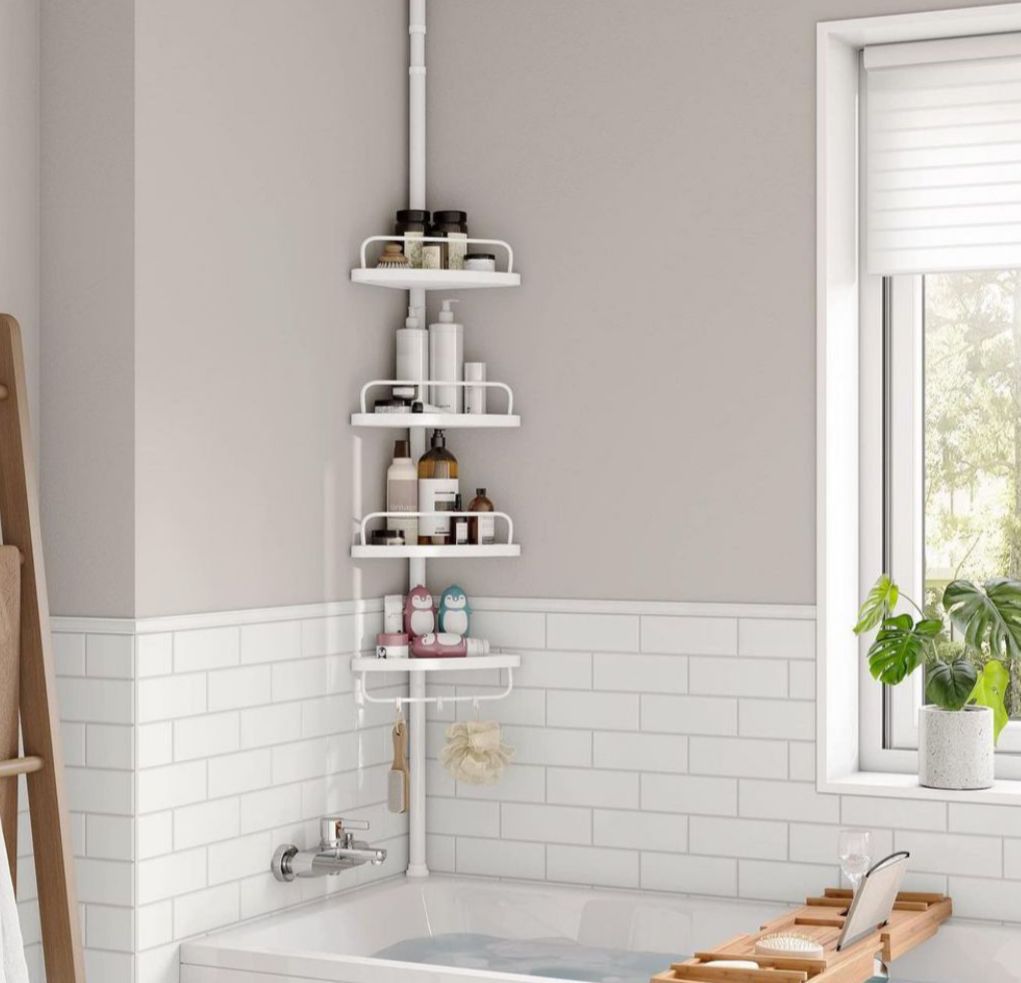 Esquinero de Baño Graduable 1-3m, 4 Niveles, Metal y Plástico, Ahorro de Espacio