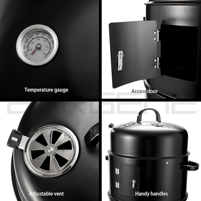 Barril Ahumador Multifuncional 3 en 1 con Termómetro y Doble Compartimento, Barril Ahumador de Metal Resistente para Terrazas y Patios