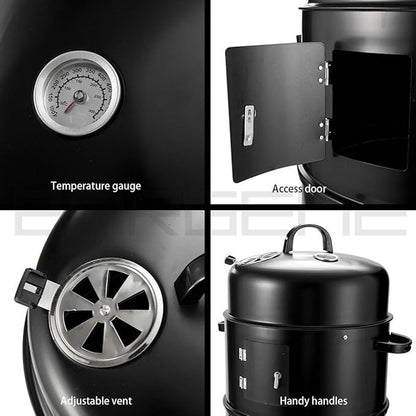 Barril Ahumador Multifuncional 3 en 1 con Termómetro y Doble Compartimento, Barril Ahumador de Metal Resistente para Terrazas y Patios