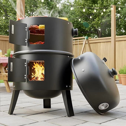 Barril Ahumador Multifuncional 3 en 1 con Termómetro y Doble Compartimento, Barril Ahumador de Metal Resistente para Terrazas y Patios