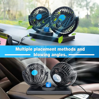 Ventilador Doble para Carro con Rotación 360, Ventilador Portátil 12V con 2 Velocidades