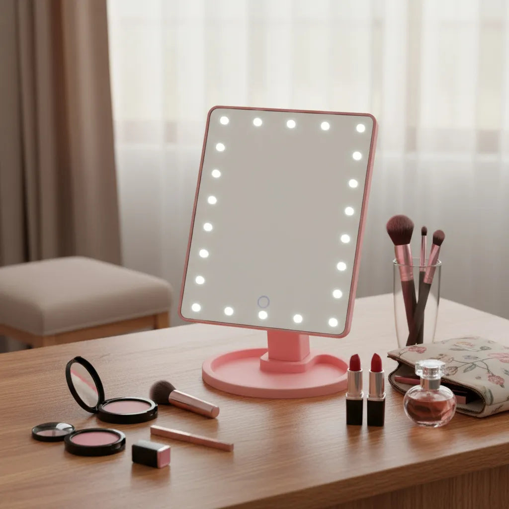 Espejo de Maquillaje con 16 Luces LED, Portátil y con Base Giratoria