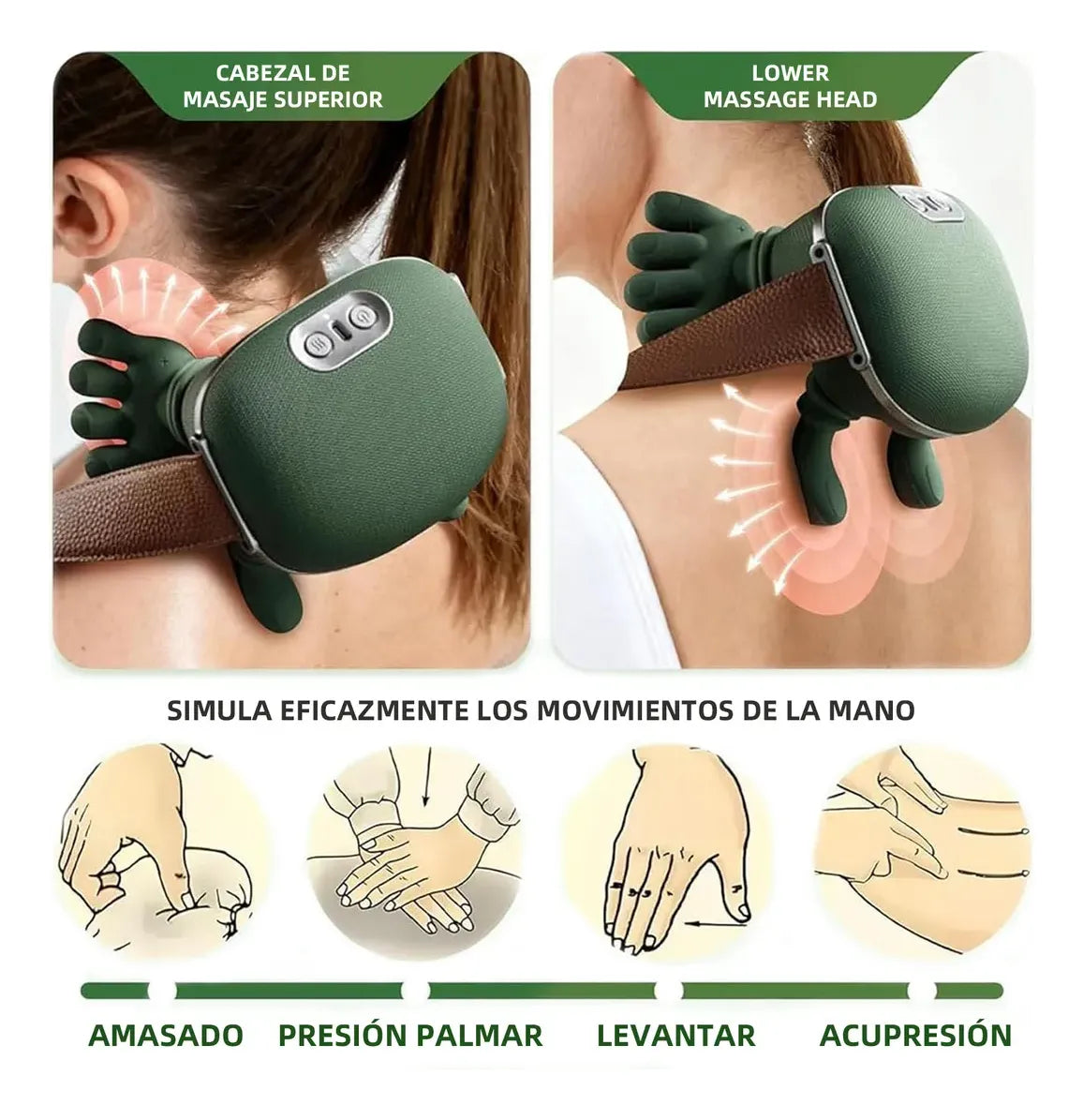 Masajeador Portátil de Manitas de 8 Dedos con Calor Relajante y Diseño Manos Libres