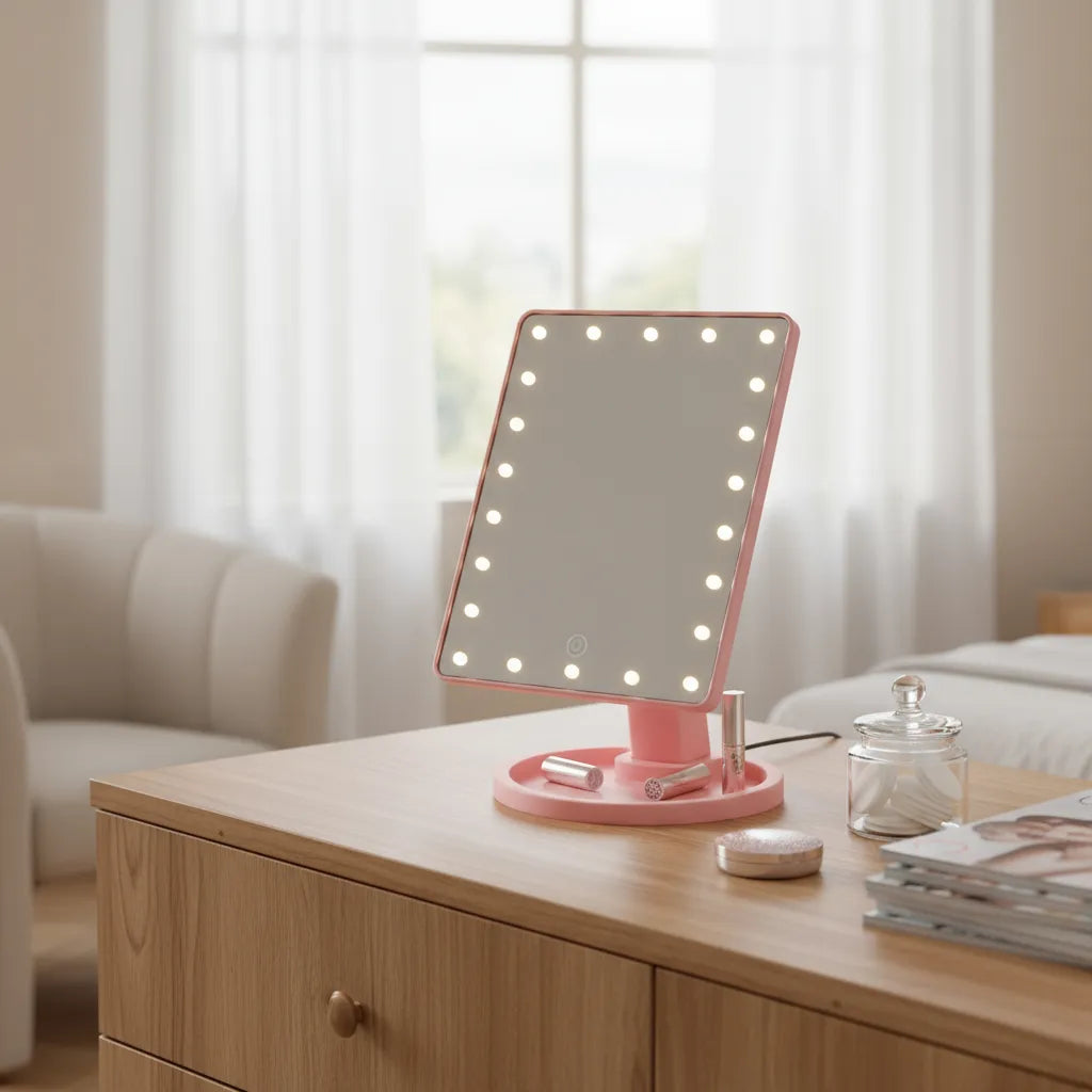 Espejo de Maquillaje con 16 Luces LED, Portátil y con Base Giratoria