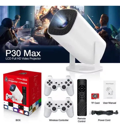 Proyector P30 MAX 4K con Android, WiFi y 2 Controles, Noches de Películas y Juegos sin Límites.