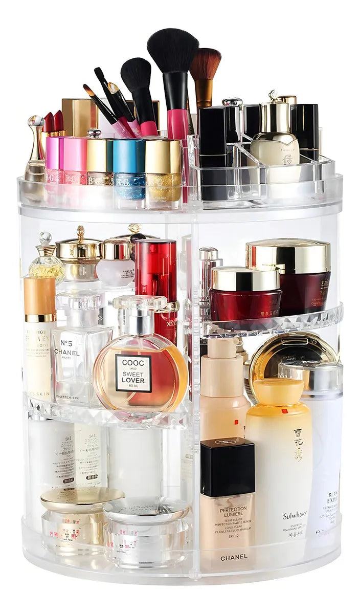 Organizador de Maquillaje Giratorio 360° con Estantes Ajustables, Torre Acrílica Transparente para Cosméticos