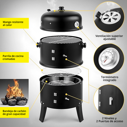 Barril Ahumador Multifuncional 3 en 1 con Termómetro y Doble Compartimento, Barril Ahumador de Metal Resistente para Terrazas y Patios