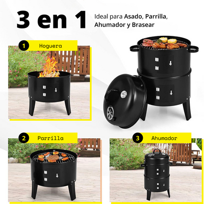 Barril Ahumador Multifuncional 3 en 1 con Termómetro y Doble Compartimento, Barril Ahumador de Metal Resistente para Terrazas y Patios