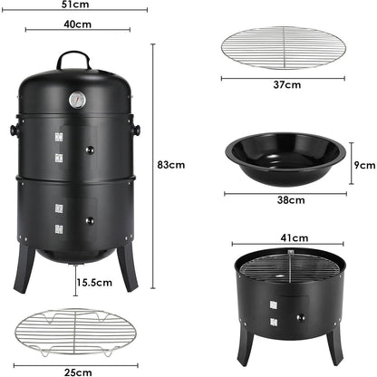 Barril Ahumador Multifuncional 3 en 1 con Termómetro y Doble Compartimento, Barril Ahumador de Metal Resistente para Terrazas y Patios