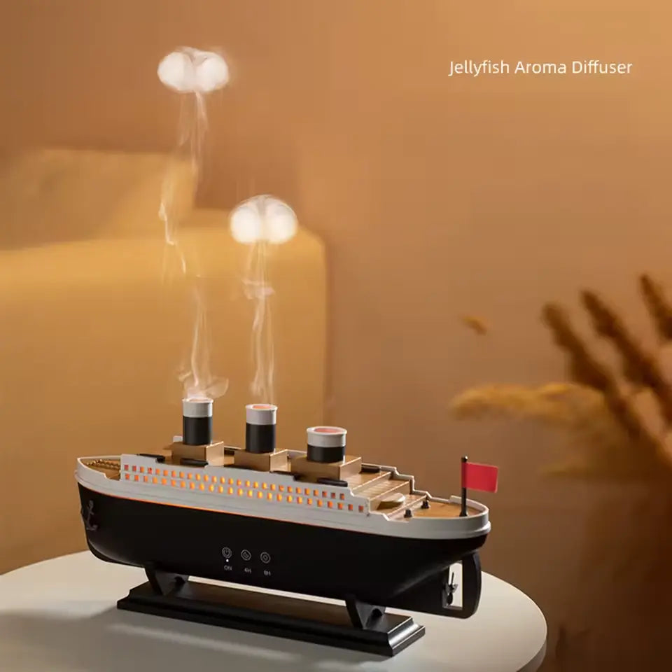 Humidificador Ultrasónico Barco con Anillo de Humo y Luz LED, Difusor de Aroma Modelo Titanic