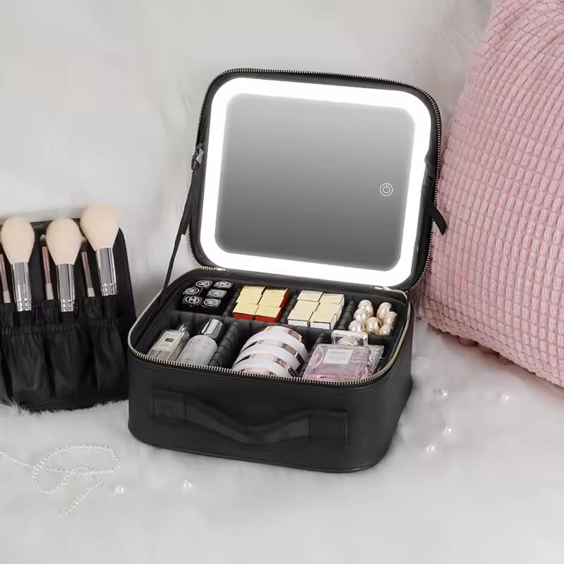 Maletín de Maquillaje Profesional con Espejo Iluminado LED, Cosmetiquera Portátil de Viaje con Compartimentos Ajustables