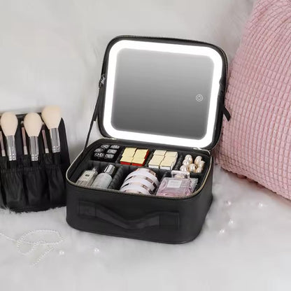 Maletín de Maquillaje Profesional con Espejo Iluminado LED, Cosmetiquera Portátil de Viaje con Compartimentos Ajustables