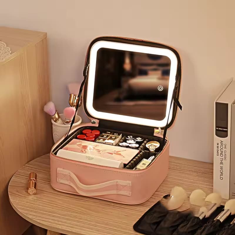 Maletín de Maquillaje Profesional con Espejo Iluminado LED, Cosmetiquera Portátil de Viaje con Compartimentos Ajustables