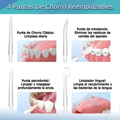 Irrigador Bucal Dental Eléctrico, 4 Boquillas, Limpieza Profunda, Ortodoncia, Encías Sensibles