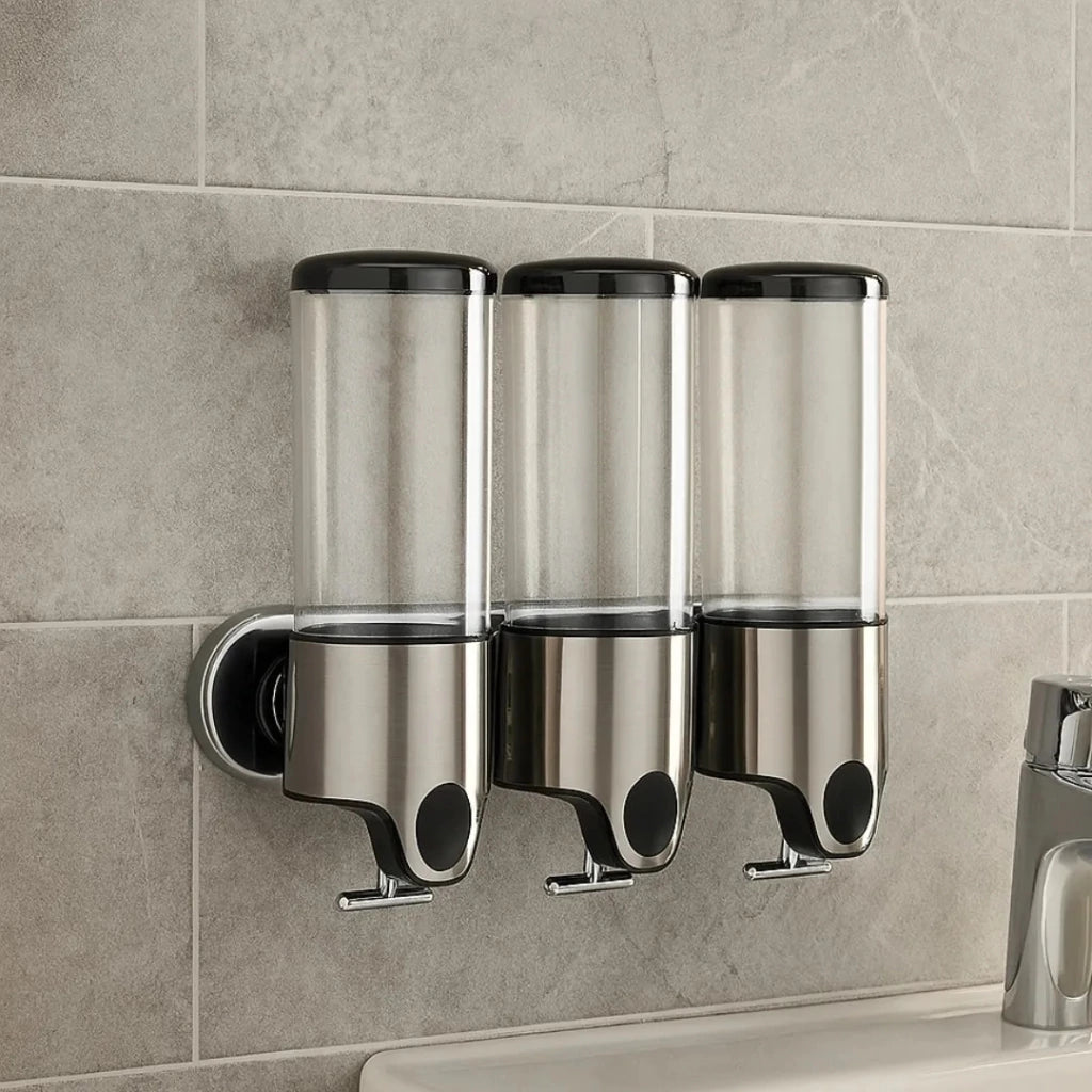 Dispensador Triple de Jabón y Shampoo para Pared, Organizador de Baño con Visor Transparente