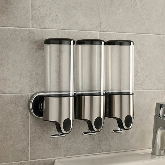 Dispensador Triple de Jabón y Shampoo para Pared, Organizador de Baño con Visor Transparente